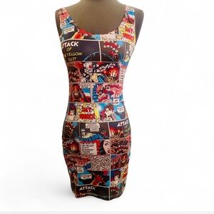 Y2K WET SEAL RETRO COMIC SUPERHERO SLEEVELESS TANK BODYCON MINI DRESS SIZE SMALL